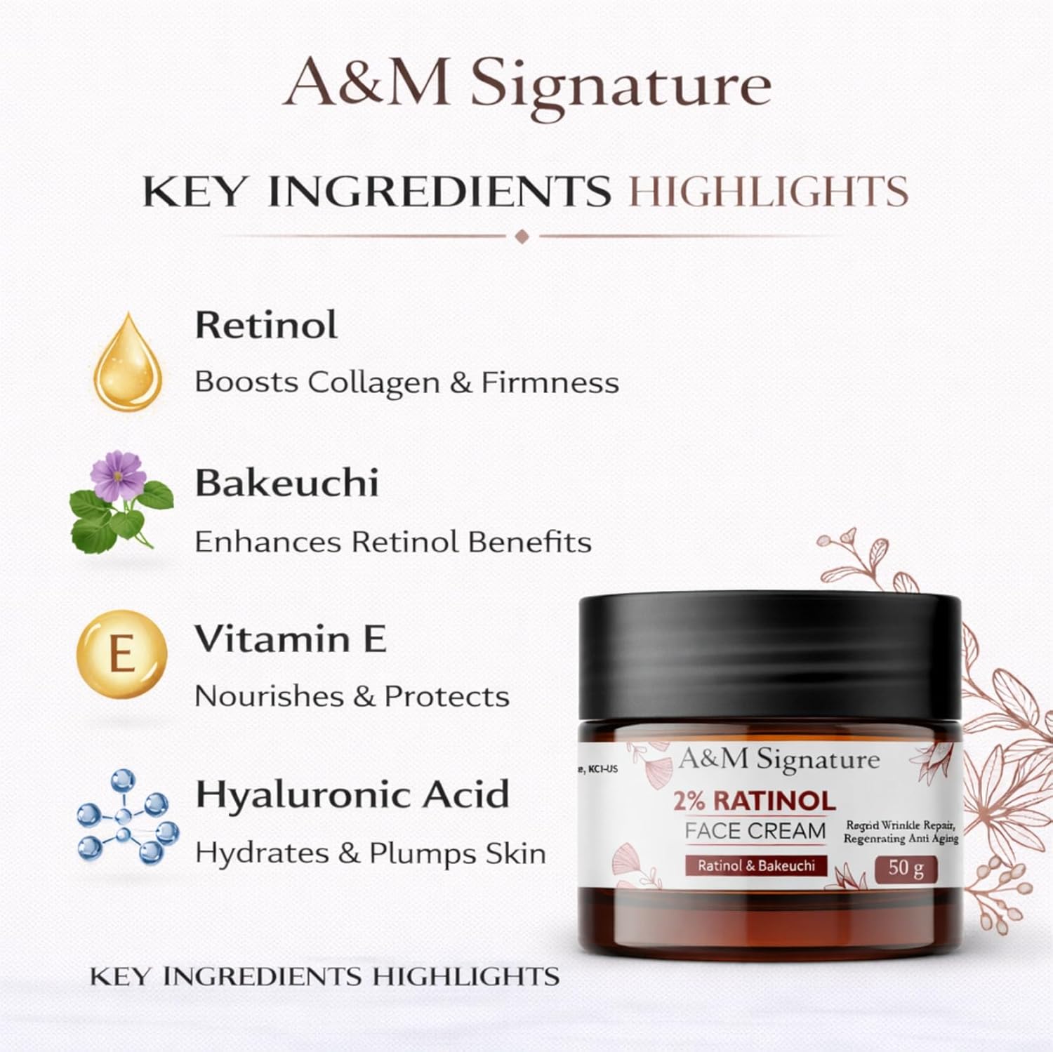 A&M Signature Retinol Face Cream with Bakuchiol | Night Moisturiser for Smooth & Even-Looking Skin | Helps Improve Skin Texture & Hydration | Lightweight Formula | 50g