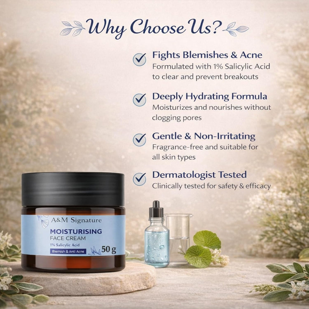 A&M Signature Moisturising Face Cream | 1% Salicylic Acid | Helps Reduce Blemishes & Excess Oil | Lightweight Hydration | For Oily & Acne-Prone Skin | 50g