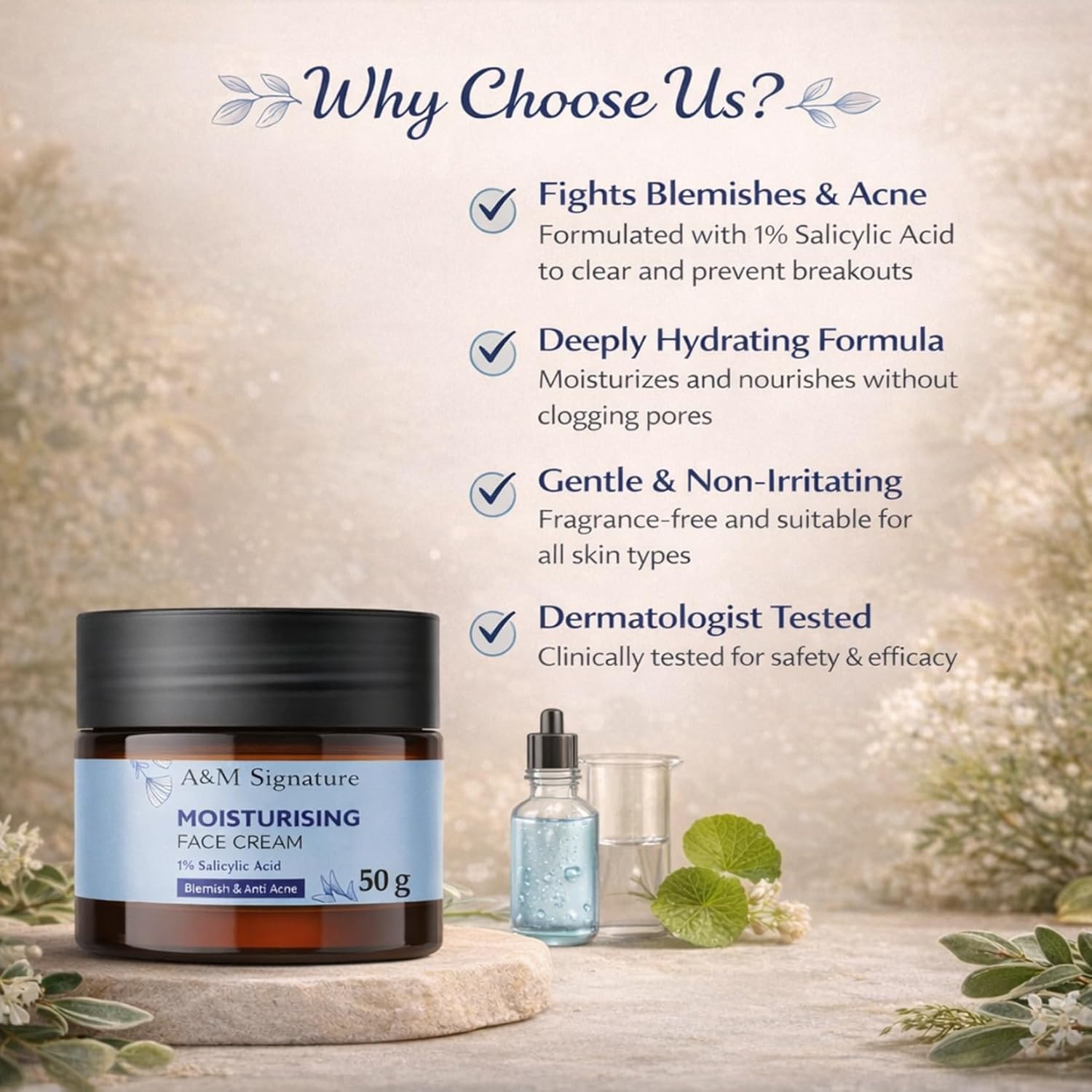 A&M Signature Moisturising Face Cream | 1% Salicylic Acid | Helps Reduce Blemishes & Excess Oil | Lightweight Hydration | For Oily & Acne-Prone Skin | 50g