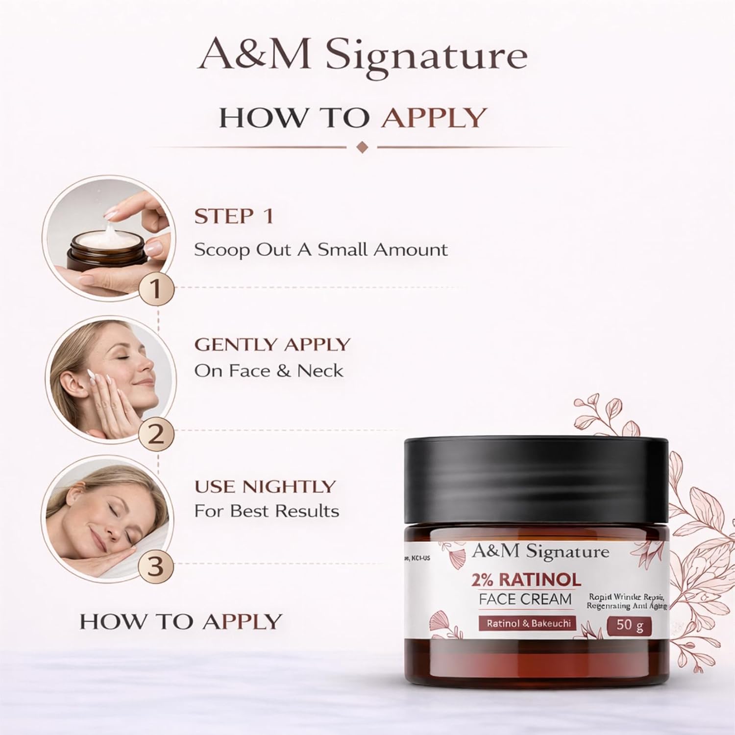 A&M Signature Retinol Face Cream with Bakuchiol | Night Moisturiser for Smooth & Even-Looking Skin | Helps Improve Skin Texture & Hydration | Lightweight Formula | 50g