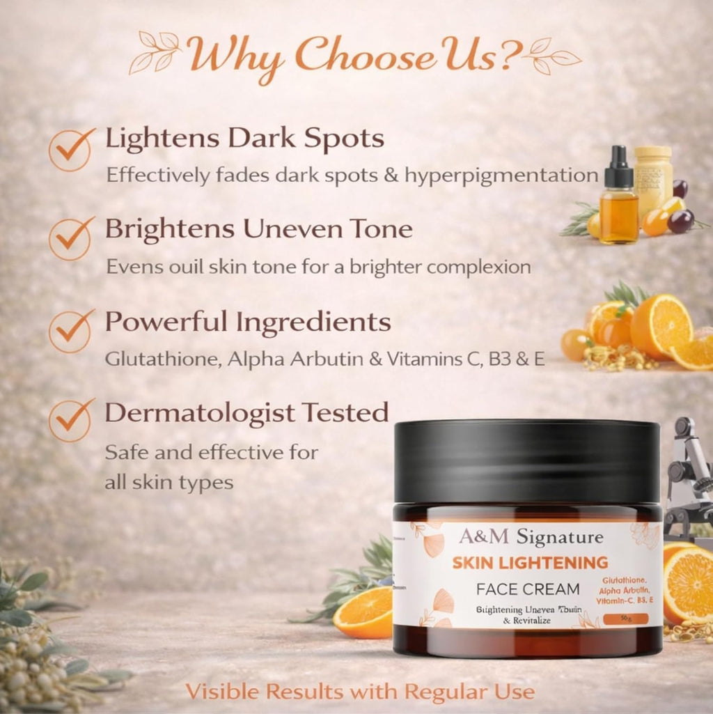 A&M Signature Skin Brightening Face Cream with Glutathione, Alpha Arbutin & Vitamins C, B3, E | Helps Improve Uneven Skin Tone & Dullness | Lightweight Moisturizing Cream for Daily Use | 50g