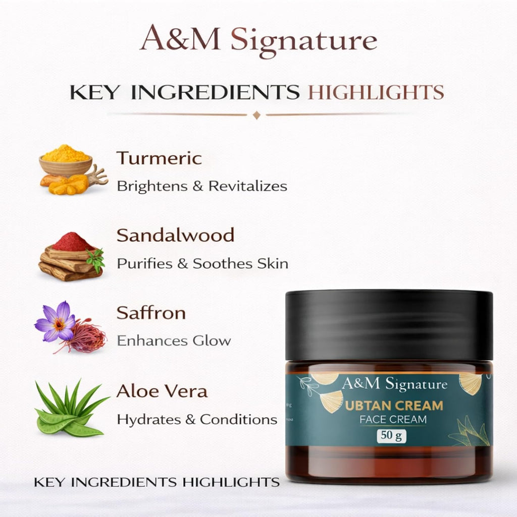 A&M Signature Ubtan Face Cream for Glowing Skin | Turmeric-Inspired Skincare | Helps Improve Dull & Uneven Skin Tone | Lightweight Daily Moisturizer for Men & Women | 50g