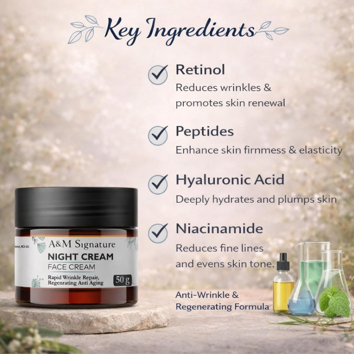 A&M Signature Night Cream | Deep Moisturising Face Cream for Night Care | Helps Improve Skin Texture & Hydration | Smooth & Nourished Skin | All Skin Types | 50g