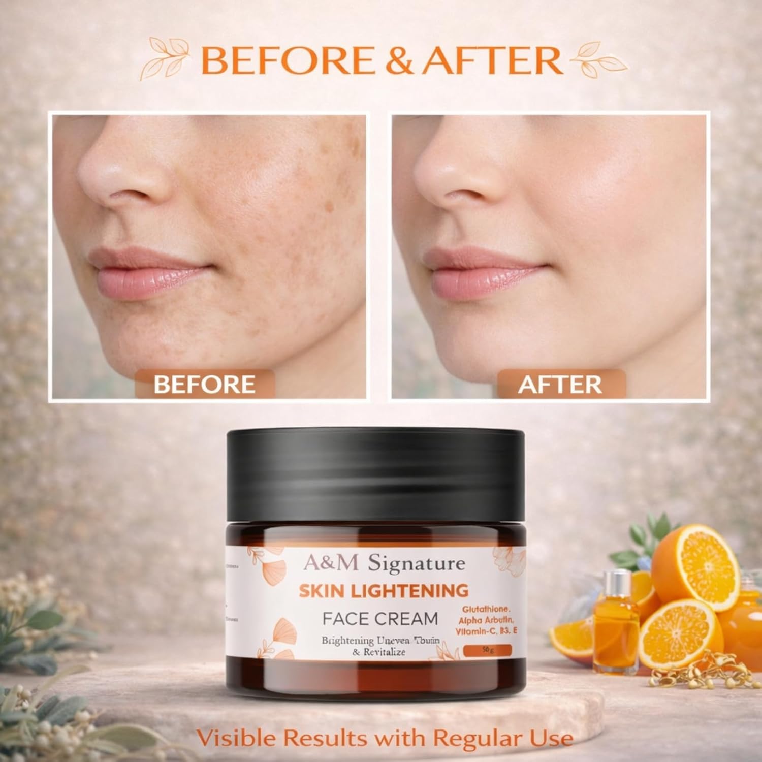 A&M Signature Skin Brightening Face Cream with Glutathione, Alpha Arbutin & Vitamins C, B3, E | Helps Improve Uneven Skin Tone & Dullness | Lightweight Moisturizing Cream for Daily Use | 50g