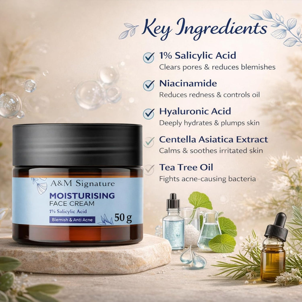 A&M Signature Moisturising Face Cream | 1% Salicylic Acid | Helps Reduce Blemishes & Excess Oil | Lightweight Hydration | For Oily & Acne-Prone Skin | 50g