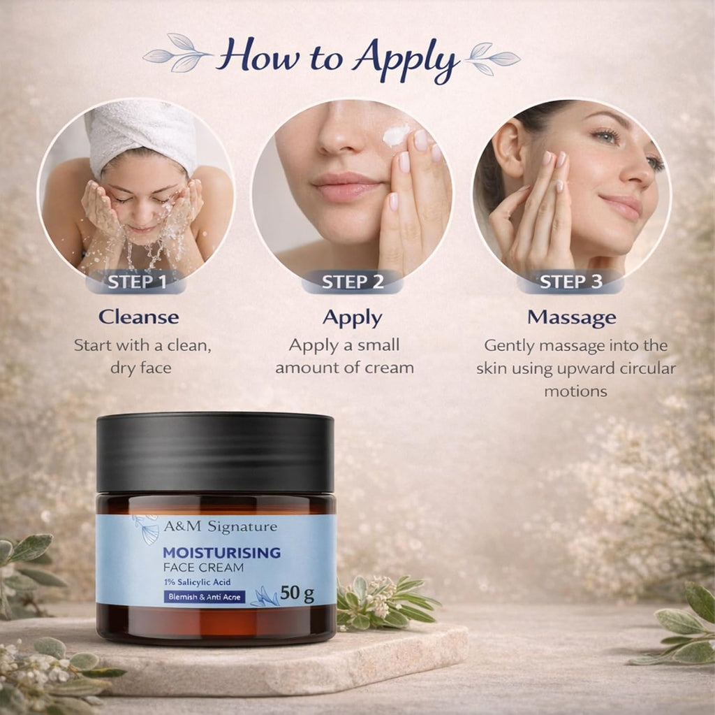 A&M Signature Moisturising Face Cream | 1% Salicylic Acid | Helps Reduce Blemishes & Excess Oil | Lightweight Hydration | For Oily & Acne-Prone Skin | 50g