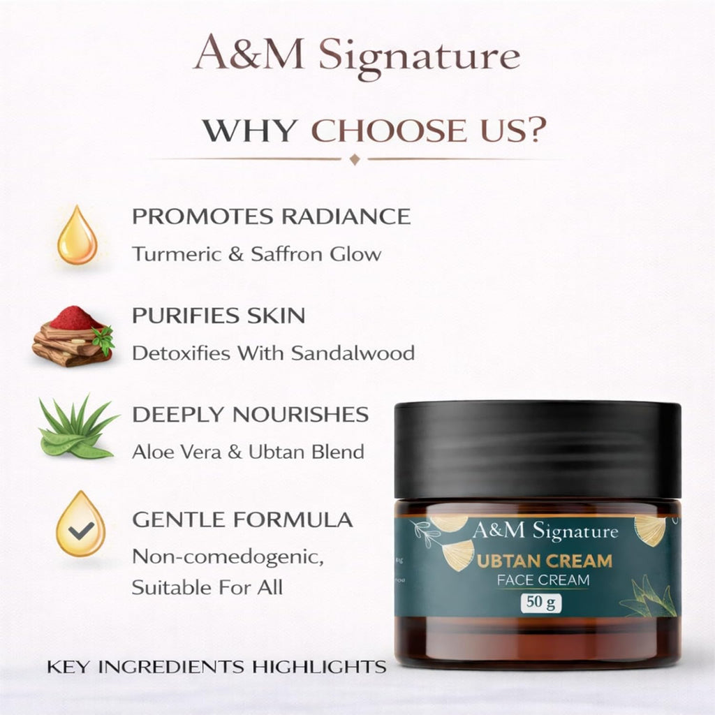 A&M Signature Ubtan Face Cream for Glowing Skin | Turmeric-Inspired Skincare | Helps Improve Dull & Uneven Skin Tone | Lightweight Daily Moisturizer for Men & Women | 50g