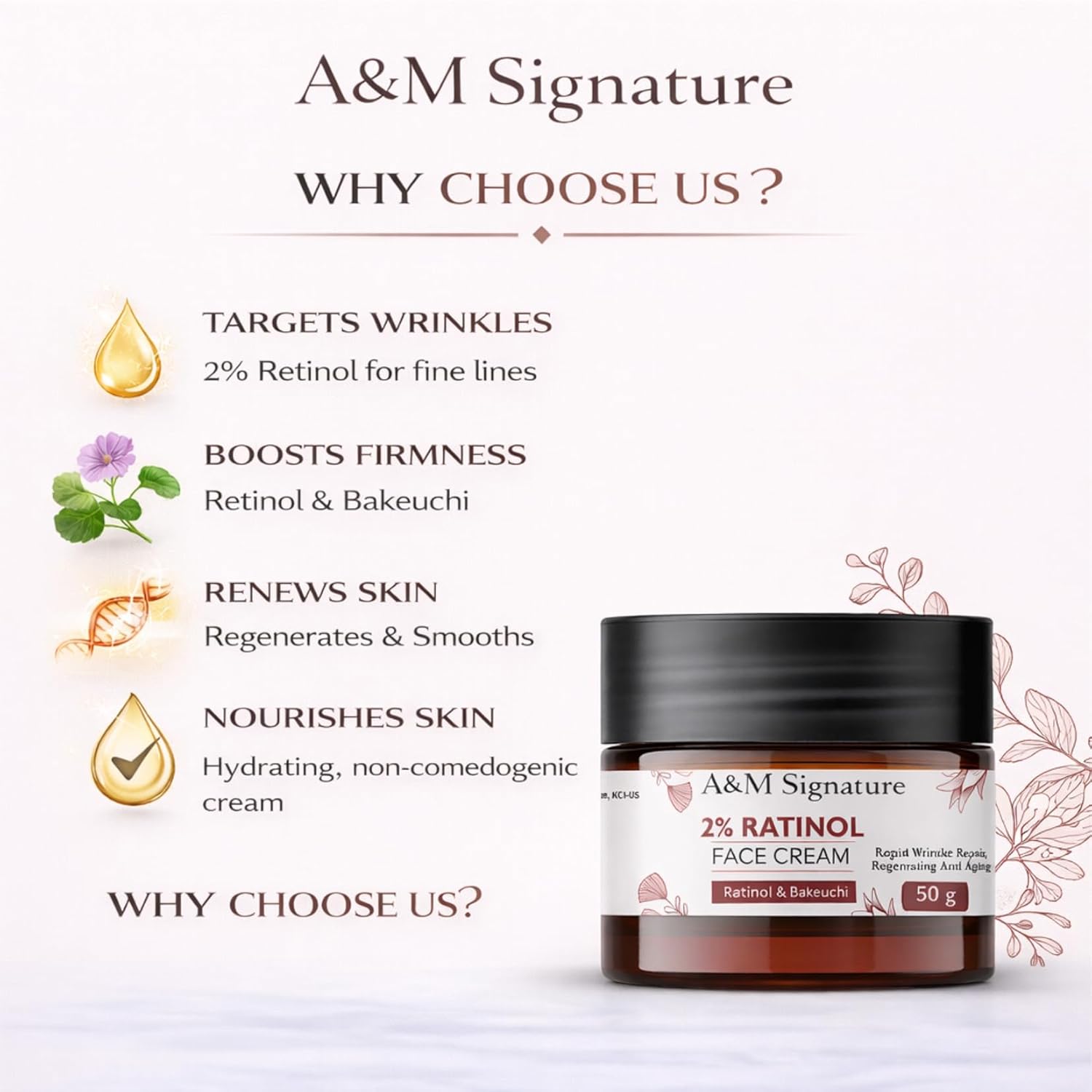 A&M Signature Retinol Face Cream with Bakuchiol | Night Moisturiser for Smooth & Even-Looking Skin | Helps Improve Skin Texture & Hydration | Lightweight Formula | 50g