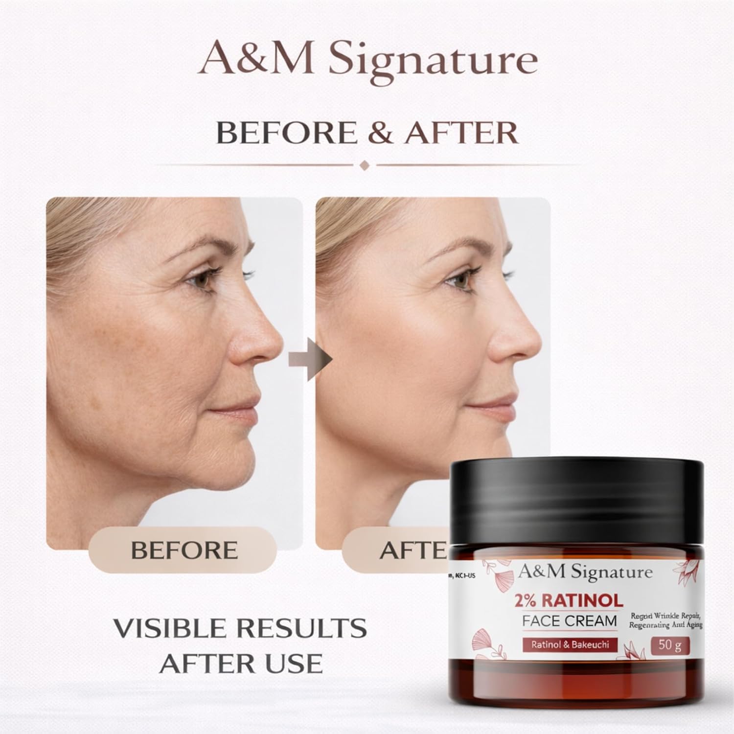 A&M Signature Retinol Face Cream with Bakuchiol | Night Moisturiser for Smooth & Even-Looking Skin | Helps Improve Skin Texture & Hydration | Lightweight Formula | 50g