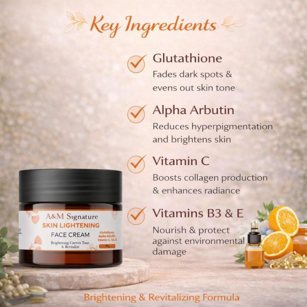 A&M Signature Skin Brightening Face Cream with Glutathione, Alpha Arbutin & Vitamins C, B3, E | Helps Improve Uneven Skin Tone & Dullness | Lightweight Moisturizing Cream for Daily Use | 50g