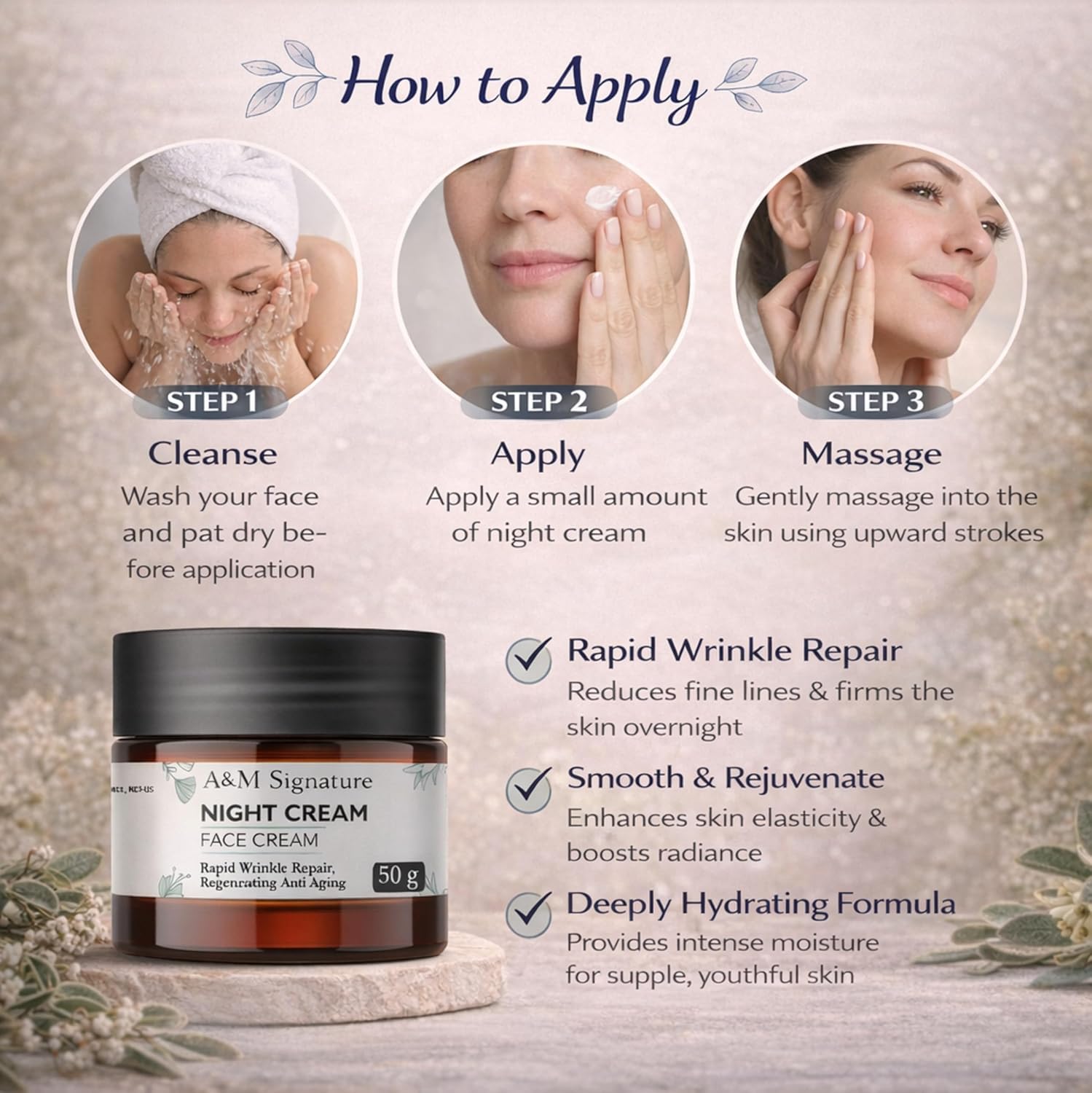 A&M Signature Night Cream | Deep Moisturising Face Cream for Night Care | Helps Improve Skin Texture & Hydration | Smooth & Nourished Skin | All Skin Types | 50g