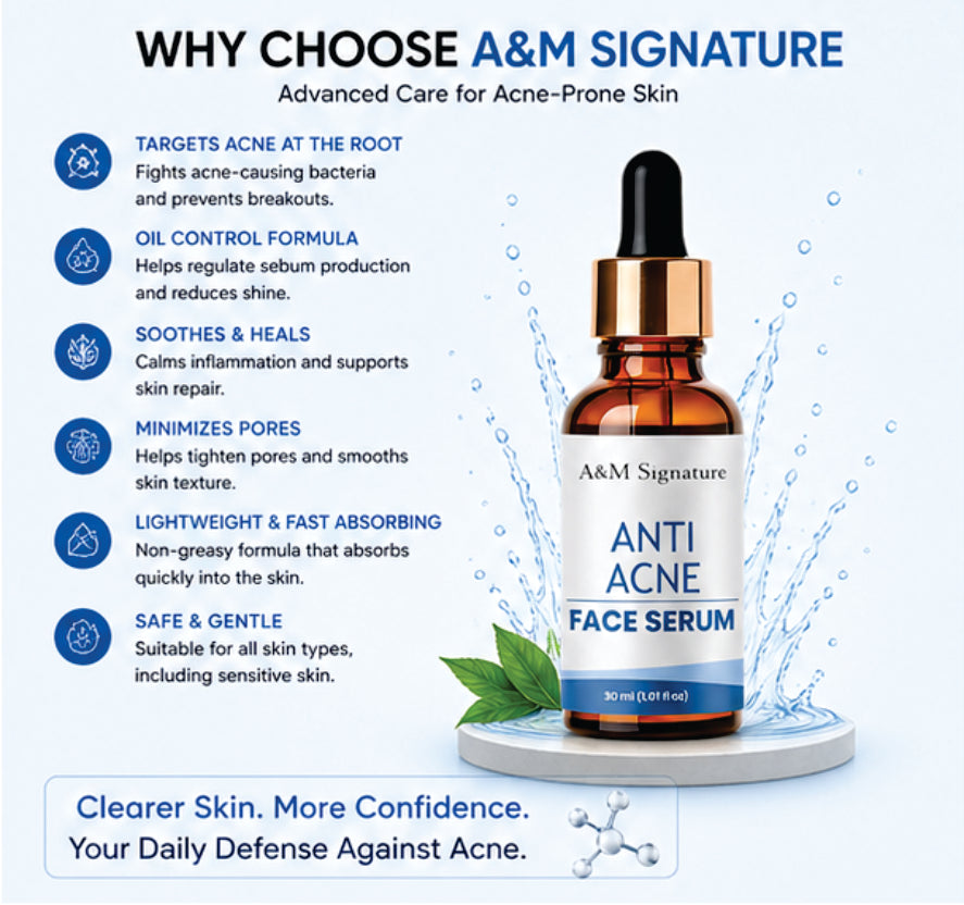A&M Signature Anti Acne Face Serum for Clear Skin, Oil Control & Blemish Reduction, Lightweight Daily Serum for Acne-Prone Skin, Helps Reduce Pimples & Improves Skin Texture, 30 ml