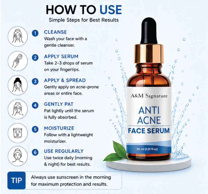 A&M Signature Anti Acne Face Serum for Clear Skin, Oil Control & Blemish Reduction, Lightweight Daily Serum for Acne-Prone Skin, Helps Reduce Pimples & Improves Skin Texture, 30 ml