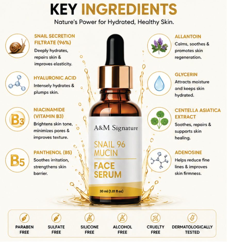 A&M Signature Snail 96 Mucin Face Serum for Deep Hydration & Skin Repair, Lightweight Essence for Glowing Skin, Improves Texture & Elasticity, Daily Use for All Skin Types, 30 ml
