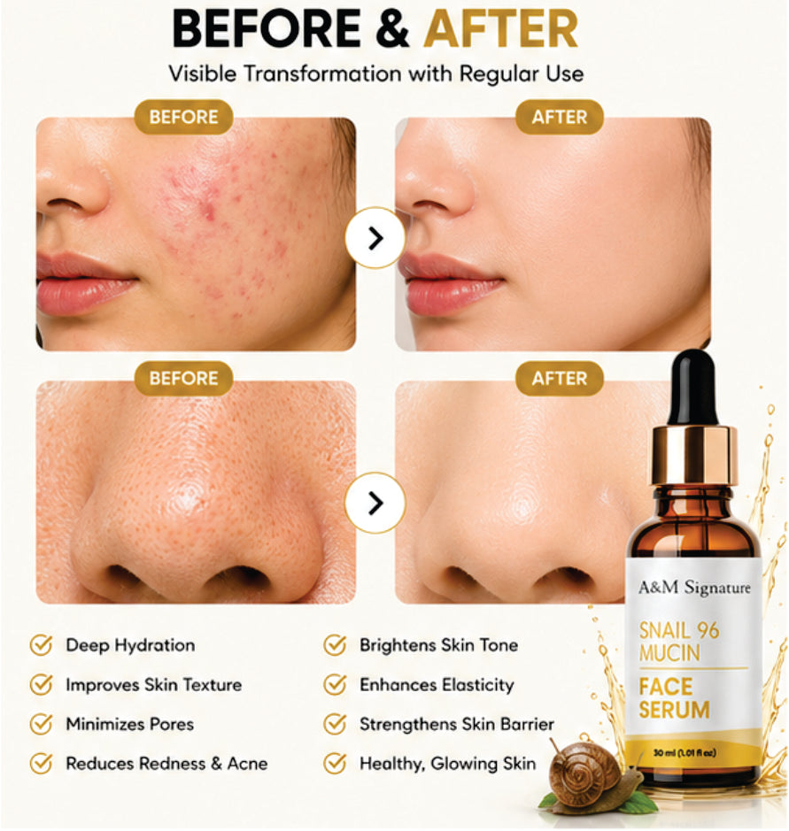 A&M Signature Snail 96 Mucin Face Serum for Deep Hydration & Skin Repair, Lightweight Essence for Glowing Skin, Improves Texture & Elasticity, Daily Use for All Skin Types, 30 ml