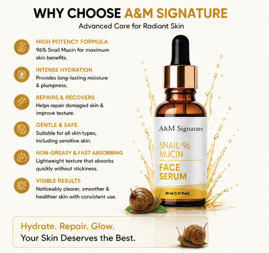 A&M Signature Snail 96 Mucin Face Serum for Deep Hydration & Skin Repair, Lightweight Essence for Glowing Skin, Improves Texture & Elasticity, Daily Use for All Skin Types, 30 ml