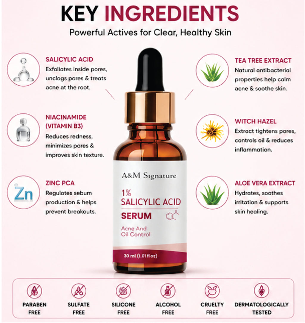 A&M Signature 1% Salicylic Acid Serum for Acne & Oil Control, BHA Exfoliating Face Serum for Clear Skin, Unclogs Pores & Reduces Breakouts, Lightweight Formula for Oily & Acne-Prone Skin, 30 ml