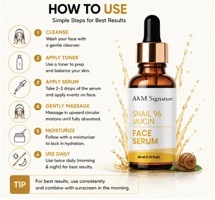 A&M Signature Snail 96 Mucin Face Serum for Deep Hydration & Skin Repair, Lightweight Essence for Glowing Skin, Improves Texture & Elasticity, Daily Use for All Skin Types, 30 ml