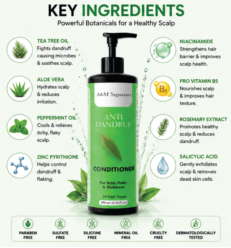 A&M Signature Anti Dandruff Conditioner for Itchy & Flaky Scalp, Deep Nourishing Conditioner for Dandruff Control & Scalp Care, Reduces Flakes & Soothes Irritation, Smoothens Hair & Controls Frizz, Suitable for All Hair Types, 200 ml