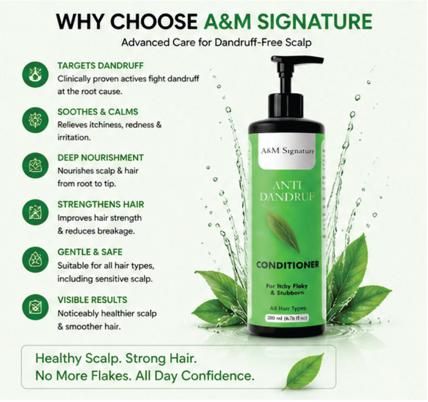 A&M Signature Anti Dandruff Conditioner for Itchy & Flaky Scalp, Deep Nourishing Conditioner for Dandruff Control & Scalp Care, Reduces Flakes & Soothes Irritation, Smoothens Hair & Controls Frizz, Suitable for All Hair Types, 200 ml