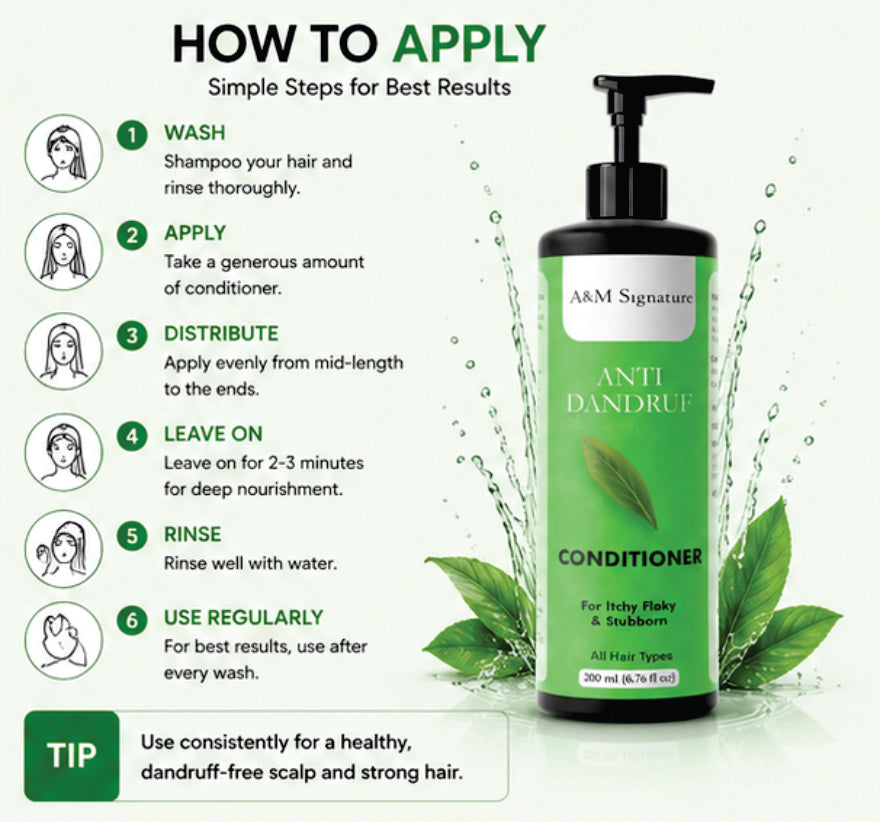 A&M Signature Anti Dandruff Conditioner for Itchy & Flaky Scalp, Deep Nourishing Conditioner for Dandruff Control & Scalp Care, Reduces Flakes & Soothes Irritation, Smoothens Hair & Controls Frizz, Suitable for All Hair Types, 200 ml