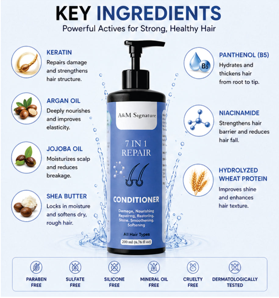 A&M Signature 7 in 1 Repair Conditioner for Dry, Damaged & Frizzy Hair, Deep Nourishing & Restoring Conditioner for Smooth, Shiny & Soft Hair, Strengthens & Repairs Hair, Controls Frizz, Suitable for All Hair Types, 200 ml