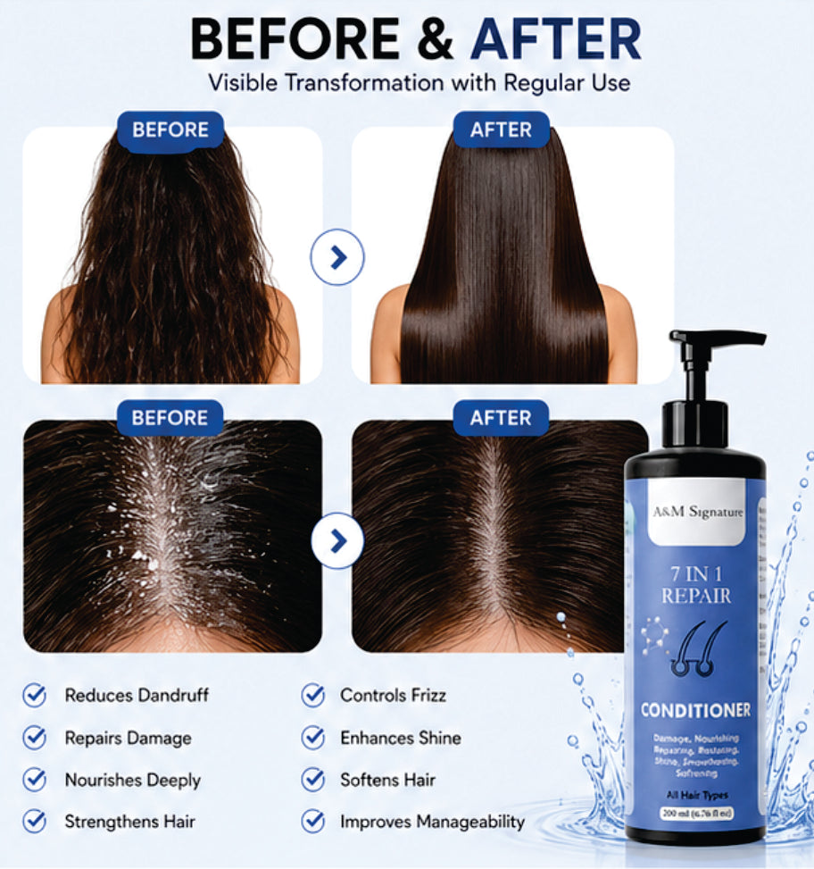 A&M Signature 7 in 1 Repair Conditioner for Dry, Damaged & Frizzy Hair, Deep Nourishing & Restoring Conditioner for Smooth, Shiny & Soft Hair, Strengthens & Repairs Hair, Controls Frizz, Suitable for All Hair Types, 200 ml