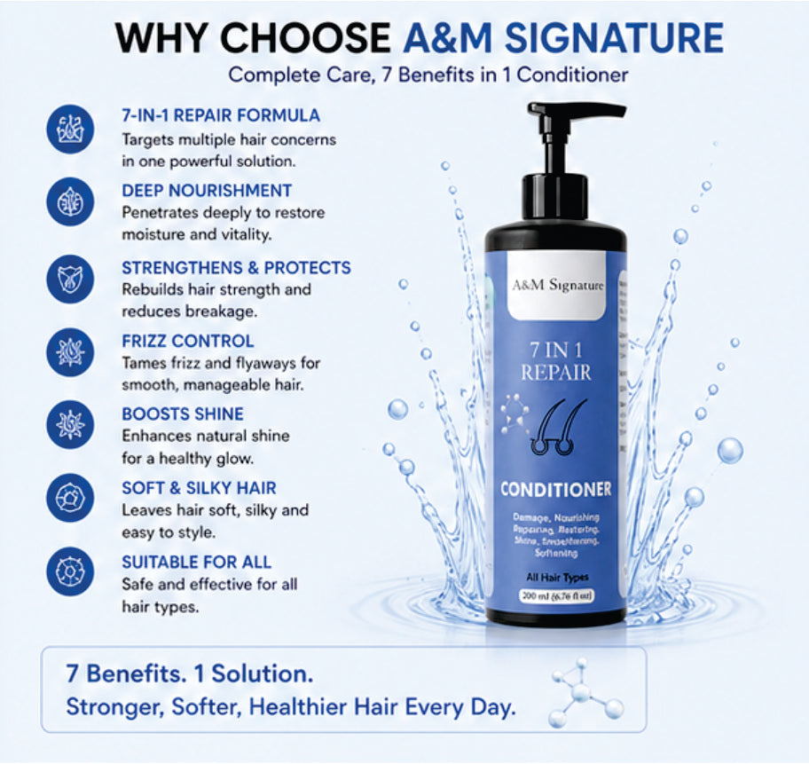 A&M Signature 7 in 1 Repair Conditioner for Dry, Damaged & Frizzy Hair, Deep Nourishing & Restoring Conditioner for Smooth, Shiny & Soft Hair, Strengthens & Repairs Hair, Controls Frizz, Suitable for All Hair Types, 200 ml