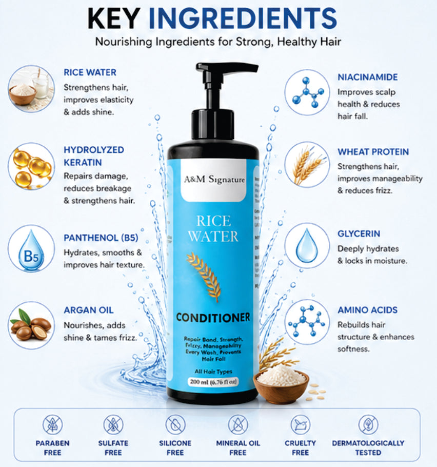 A&M Signature Rice Water Conditioner for Hair Strength & Growth, Nourishing & Repairing Conditioner for Dry, Frizzy Hair, Improves Manageability & Shine, Helps Reduce Hair Fall, Smooth & Soft Hair Care, Suitable for All Hair Types, 200 ml