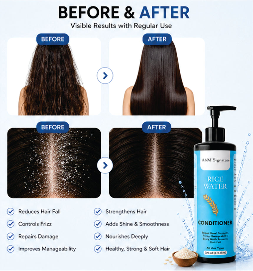 A&M Signature Rice Water Conditioner for Hair Strength & Growth, Nourishing & Repairing Conditioner for Dry, Frizzy Hair, Improves Manageability & Shine, Helps Reduce Hair Fall, Smooth & Soft Hair Care, Suitable for All Hair Types, 200 ml