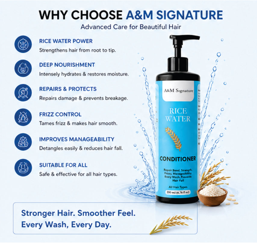A&M Signature Rice Water Conditioner for Hair Strength & Growth, Nourishing & Repairing Conditioner for Dry, Frizzy Hair, Improves Manageability & Shine, Helps Reduce Hair Fall, Smooth & Soft Hair Care, Suitable for All Hair Types, 200 ml