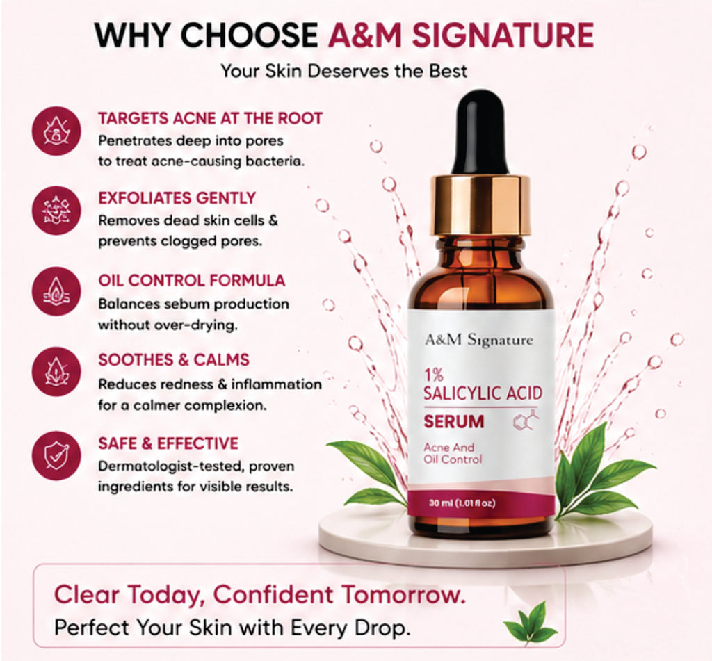 A&M Signature 1% Salicylic Acid Serum for Acne & Oil Control, BHA Exfoliating Face Serum for Clear Skin, Unclogs Pores & Reduces Breakouts, Lightweight Formula for Oily & Acne-Prone Skin, 30 ml
