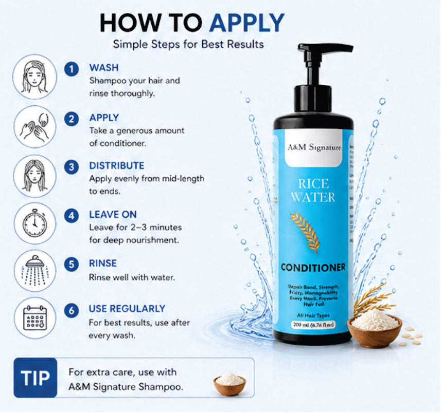 A&M Signature Rice Water Conditioner for Hair Strength & Growth, Nourishing & Repairing Conditioner for Dry, Frizzy Hair, Improves Manageability & Shine, Helps Reduce Hair Fall, Smooth & Soft Hair Care, Suitable for All Hair Types, 200 ml