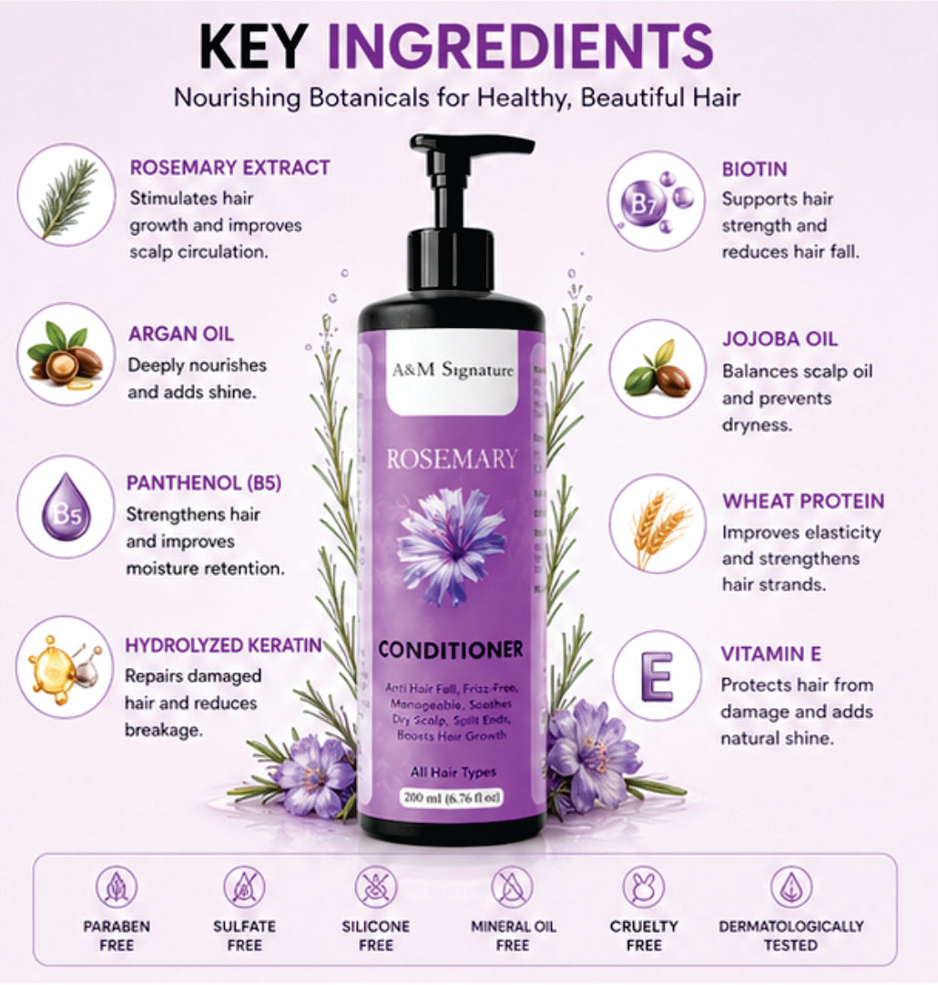 A&M Signature Rosemary Conditioner for Hair Fall Control & Hair Growth, Nourishing Conditioner for Dry, Frizzy Hair, Smoothens & Strengthens Hair, Soothes Scalp & Reduces Breakage, Suitable for All Hair Types, 200 ml