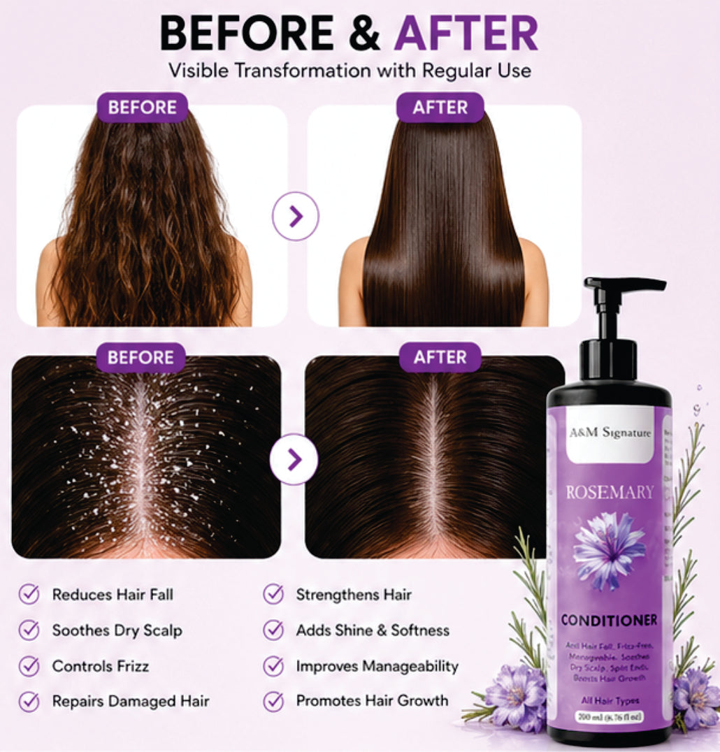 A&M Signature Rosemary Conditioner for Hair Fall Control & Hair Growth, Nourishing Conditioner for Dry, Frizzy Hair, Smoothens & Strengthens Hair, Soothes Scalp & Reduces Breakage, Suitable for All Hair Types, 200 ml