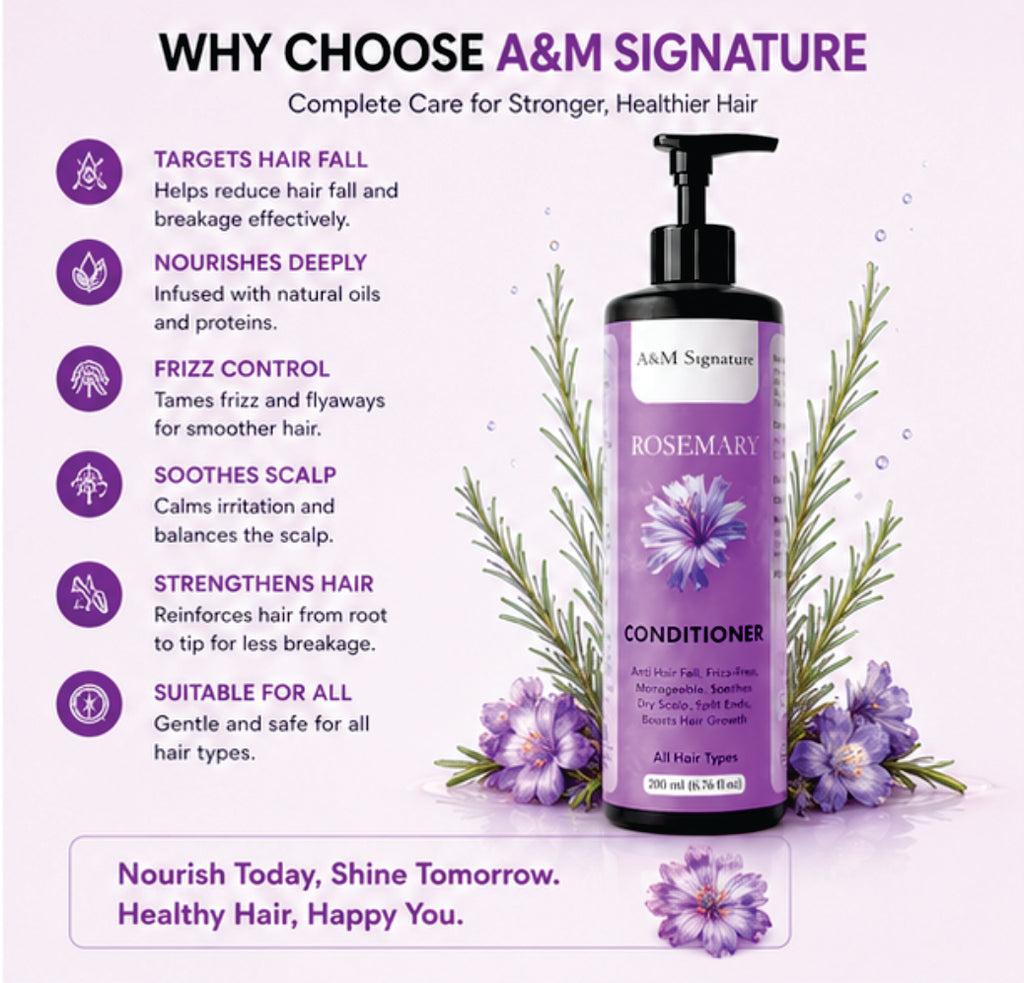 A&M Signature Rosemary Conditioner for Hair Fall Control & Hair Growth, Nourishing Conditioner for Dry, Frizzy Hair, Smoothens & Strengthens Hair, Soothes Scalp & Reduces Breakage, Suitable for All Hair Types, 200 ml