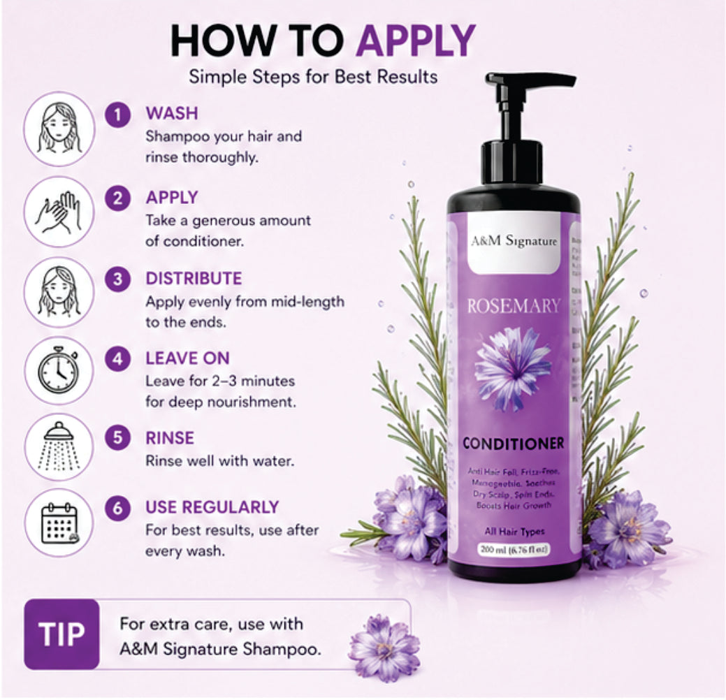 A&M Signature Rosemary Conditioner for Hair Fall Control & Hair Growth, Nourishing Conditioner for Dry, Frizzy Hair, Smoothens & Strengthens Hair, Soothes Scalp & Reduces Breakage, Suitable for All Hair Types, 200 ml