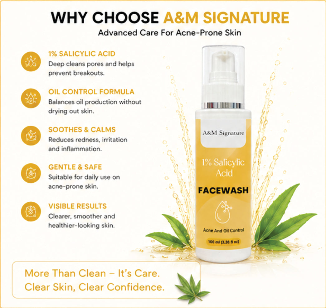 A&M Signature 1% Salicylic Acid Facewash for Acne & Oil Control, Deep Cleansing Face Wash for Pimples, Blackheads & Oily Skin, Unclogs Pores & Reduces Breakouts, Gentle Daily Cleanser, Suitable for All Skin Types, 150 ml