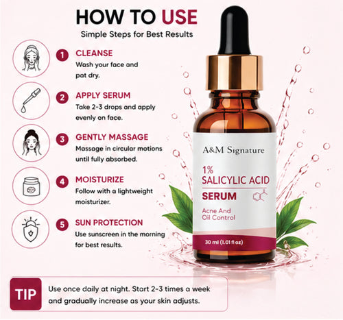 A&M Signature 1% Salicylic Acid Serum for Acne & Oil Control, BHA Exfoliating Face Serum for Clear Skin, Unclogs Pores & Reduces Breakouts, Lightweight Formula for Oily & Acne-Prone Skin, 30 ml