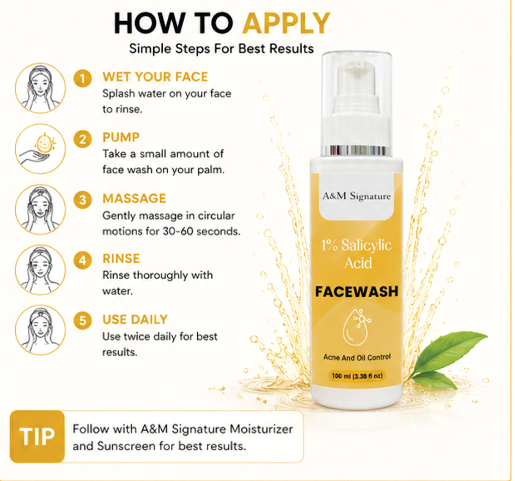A&M Signature 1% Salicylic Acid Facewash for Acne & Oil Control, Deep Cleansing Face Wash for Pimples, Blackheads & Oily Skin, Unclogs Pores & Reduces Breakouts, Gentle Daily Cleanser, Suitable for All Skin Types, 150 ml