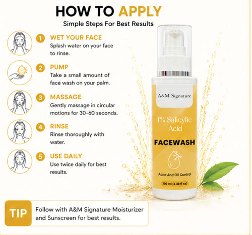 A&M Signature 1% Salicylic Acid Facewash for Acne & Oil Control, Deep Cleansing Face Wash for Pimples, Blackheads & Oily Skin, Unclogs Pores & Reduces Breakouts, Gentle Daily Cleanser, Suitable for All Skin Types, 150 ml