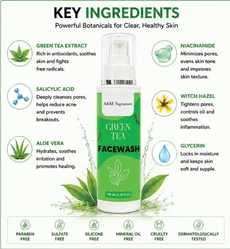 A&M Signature Green Tea Facewash for Oil Control & Fresh Skin, Gentle Daily Cleanser for Deep Cleansing, Removes Dirt & Impurities, Hydrating & Refreshing Face Wash for All Skin Types, 100 ml