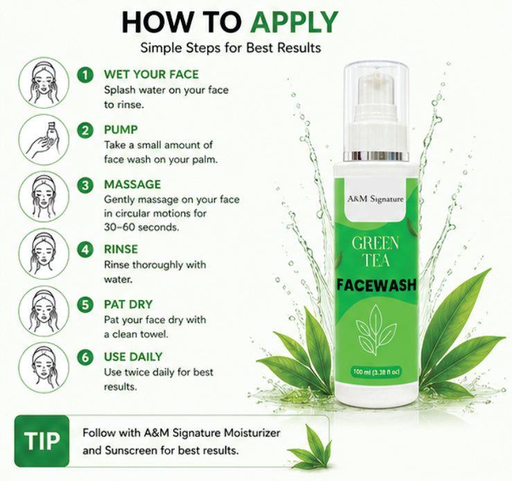 A&M Signature Green Tea Facewash for Oil Control & Fresh Skin, Gentle Daily Cleanser for Deep Cleansing, Removes Dirt & Impurities, Hydrating & Refreshing Face Wash for All Skin Types, 100 ml