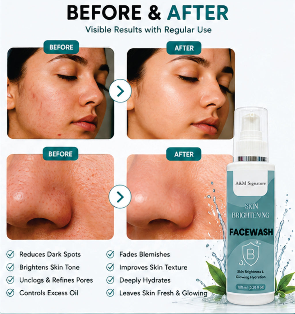 A&M Signature Skin Brightening Facewash for Glowing & Radiant Skin, Deep Cleansing Gentle Face Wash, Removes Dirt & Dullness, Hydrating & Refreshing Daily Cleanser for All Skin Types, 150 ml