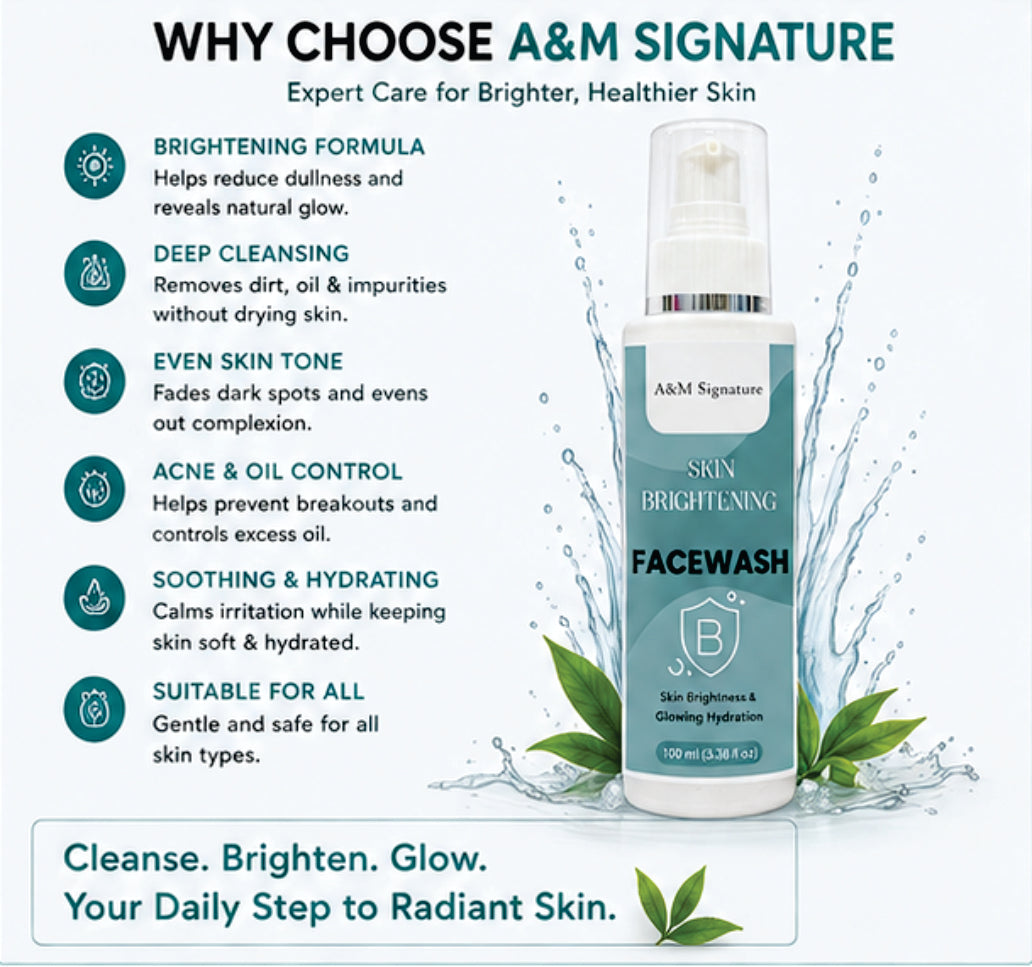 A&M Signature Skin Brightening Facewash for Glowing & Radiant Skin, Deep Cleansing Gentle Face Wash, Removes Dirt & Dullness, Hydrating & Refreshing Daily Cleanser for All Skin Types, 150 ml