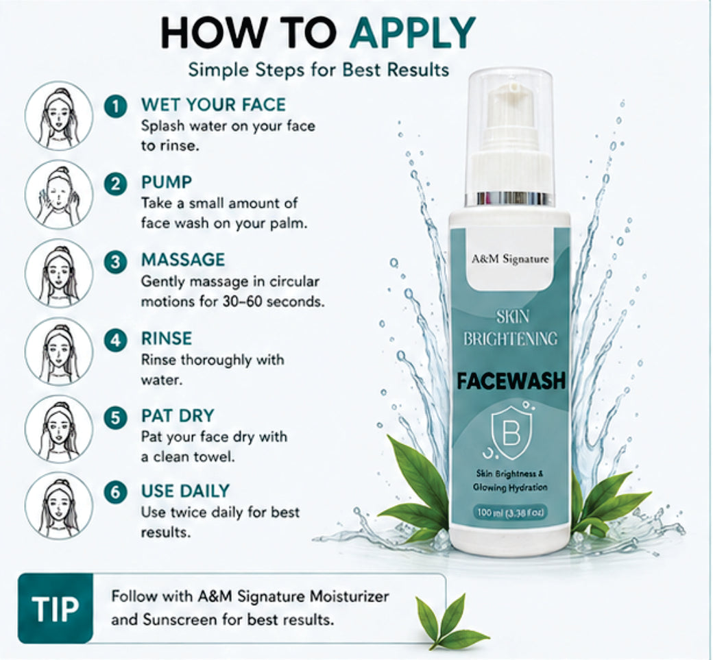 A&M Signature Skin Brightening Facewash for Glowing & Radiant Skin, Deep Cleansing Gentle Face Wash, Removes Dirt & Dullness, Hydrating & Refreshing Daily Cleanser for All Skin Types, 150 ml