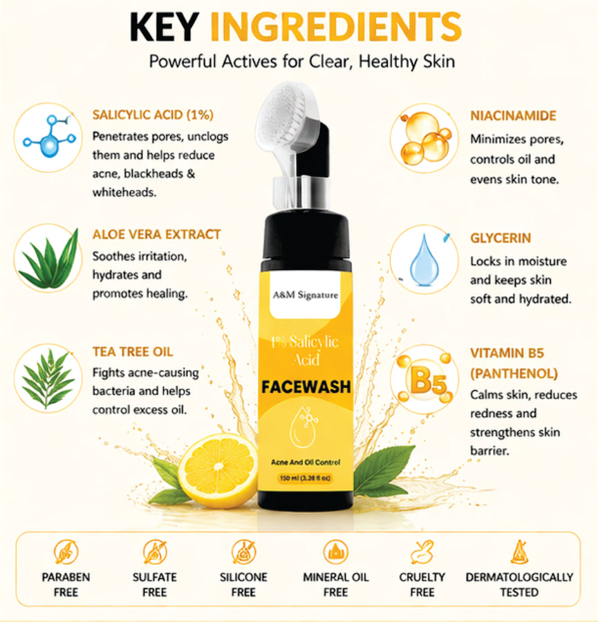 A&M Signature 1% Salicylic Acid Facewash for Acne & Oil Control, Deep Cleansing Face Wash for Pimples, Blackheads & Oily Skin, Unclogs Pores & Reduces Breakouts, Gentle Daily Cleanser, Suitable for All Skin Types, 100 ml