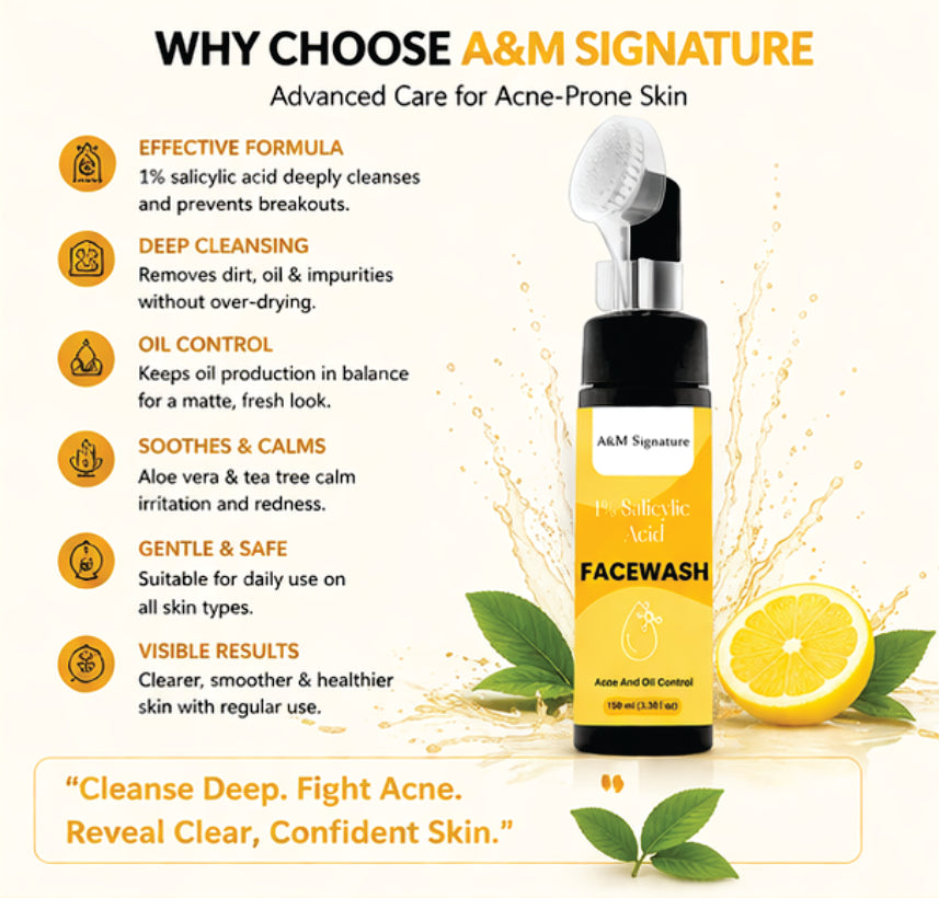 A&M Signature 1% Salicylic Acid Facewash for Acne & Oil Control, Deep Cleansing Face Wash for Pimples, Blackheads & Oily Skin, Unclogs Pores & Reduces Breakouts, Gentle Daily Cleanser, Suitable for All Skin Types, 100 ml