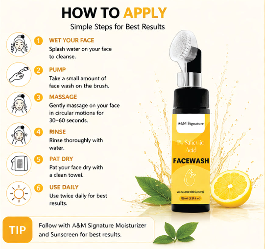 A&M Signature 1% Salicylic Acid Facewash for Acne & Oil Control, Deep Cleansing Face Wash for Pimples, Blackheads & Oily Skin, Unclogs Pores & Reduces Breakouts, Gentle Daily Cleanser, Suitable for All Skin Types, 100 ml