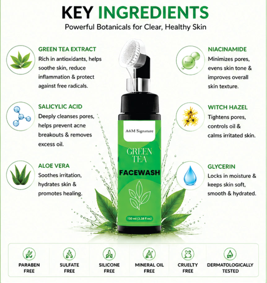 A&M Signature Green Tea Facewash for Oil Control & Fresh Skin, Gentle Daily Cleanser for Deep Cleansing, Removes Dirt & Impurities, Hydrating & Refreshing Face Wash for All Skin Types, 150 ml